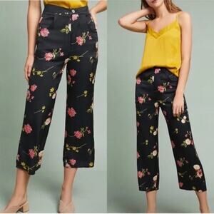 Anthropologie Capulet Floral Black Satin Cropped Pants